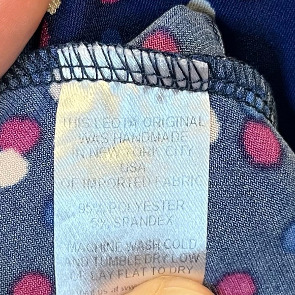 Leota Dress Blue w/ White & Pink Polka Dots Faux Wrap Dress Sz S EUC Ruffle Neck - Picture 4 of 5